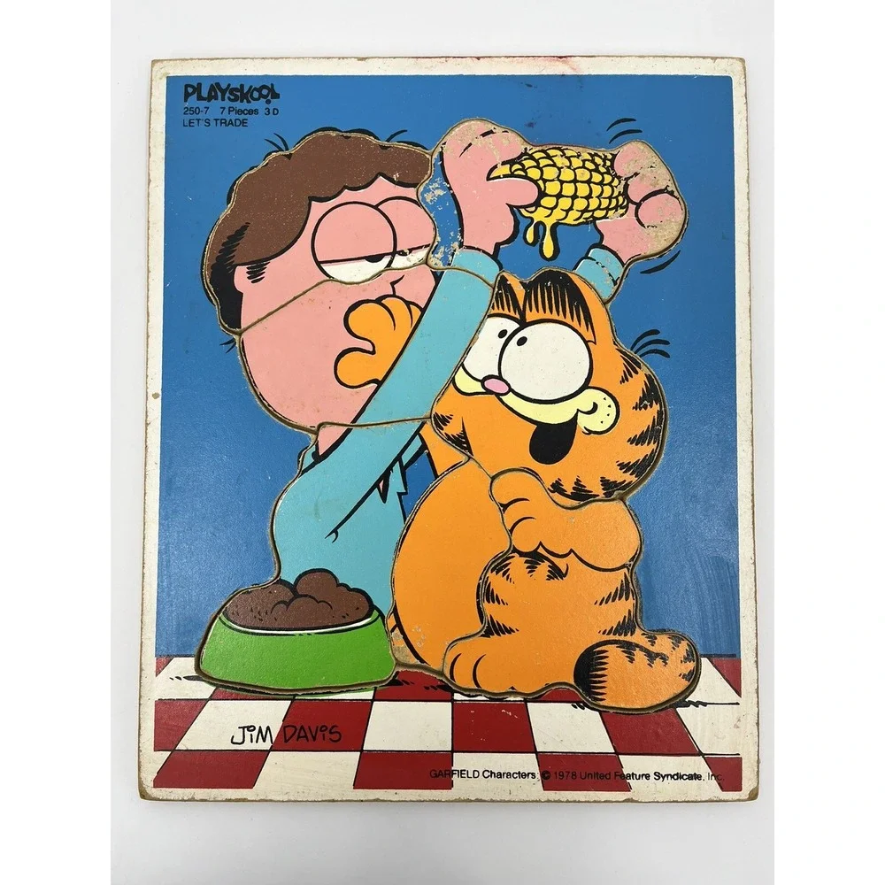 Vintage Garfield Playskool Wood Tray Puzzle Let's Trade 250-7 1978 Complete